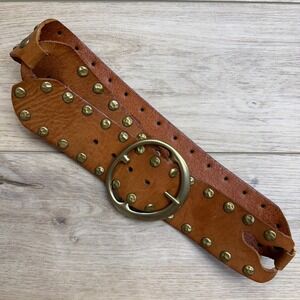 Linea Pelle Brown Leather Wide Studded Belt Brass Buckle Western Cowgirl Boho